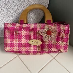 VTG Y2K Pink Woven Bag Wood Handle Clueless Coquette 90s Vibe